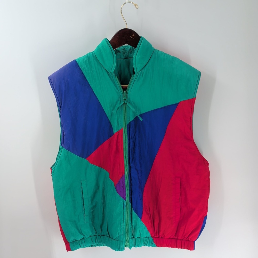 Vintage 90's Full Zip Retro Colorblock Windbreaker Jacket Vest Green Red‎ Blue